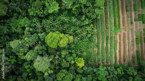 Captivating aerial shot of a reforestation site, revealing orderly lines of recently planted trees, embodying dedication to combating deforestation and enhancing green landscapes. photo
