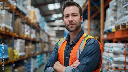 A confident warehouse worker stands in front of shelves filled with goods, arms crossed and looking directly at the camera.  © horizon