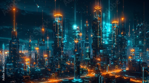 Futuristic cyberpunk cityscape with neon lights and glowing digital elements