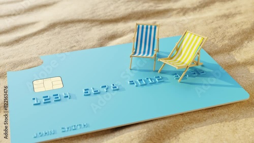 Using a credit card for paying the summer vacation concept. Two beach folding chairs on an oversized credit card on the beach. Dollie shot photo