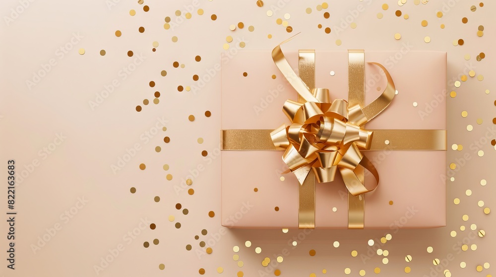 Pink gift box tied with gold ribbon and confetti, pink gift box with gold ribbon and confetti. Pink gift box tied with gold ribbon and confetti, pink gift box with gold ribbon and confetti.