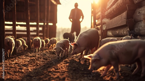 Agriculture, a pig building with piglets and farmers in farming photo