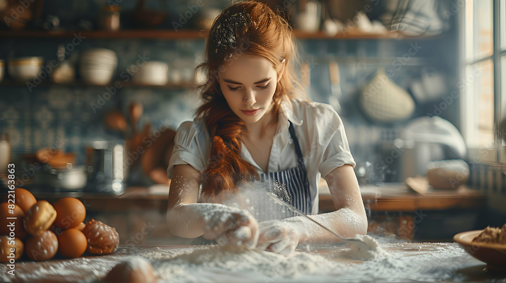 Baking in a Kitchen: A Woman Showcasing Creativity and Joy in Delicious Hobby   Photo Realistic Concept