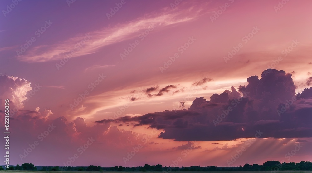 Panoramic photo, view of a pink and purple sky at sunset