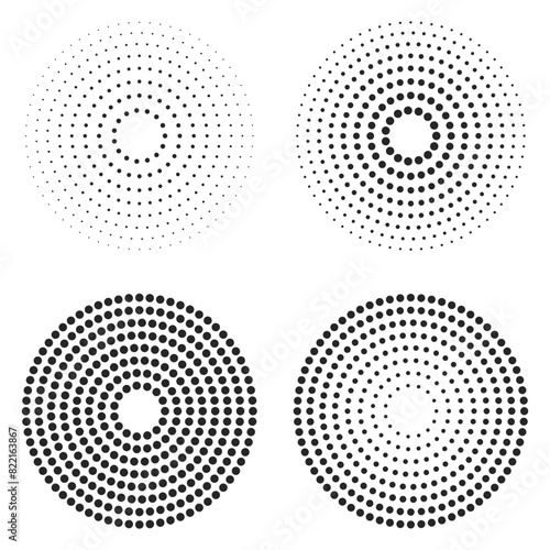 Abstract black concentric, hypnotic dotted line circle elements isolated on a transparent background. Halftone ring point pattern. Radio waves, sound pulsation circles. Vector illustration