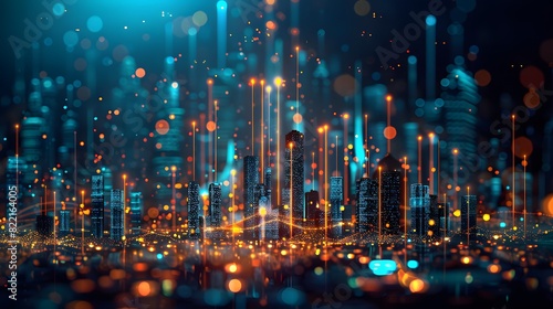 A digital illustration of an abstract city skyline made from glowing data points and bar graphs  set against a dark background with blue highlights for depth. 