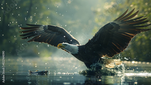 Bald eagle catching fish from a lake showcasing its precision and hunting prowess as a powerful bird of prey   Photo realistic concept