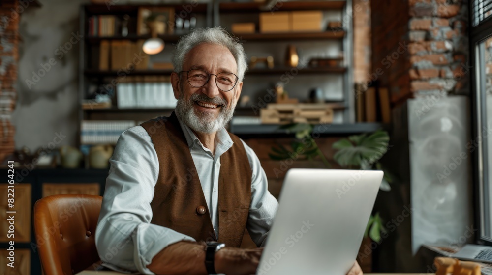 Businessman using laptop computer in office space, happy middle aged man boss, Businessman using laptop computer in office space, happy middle aged man boss,