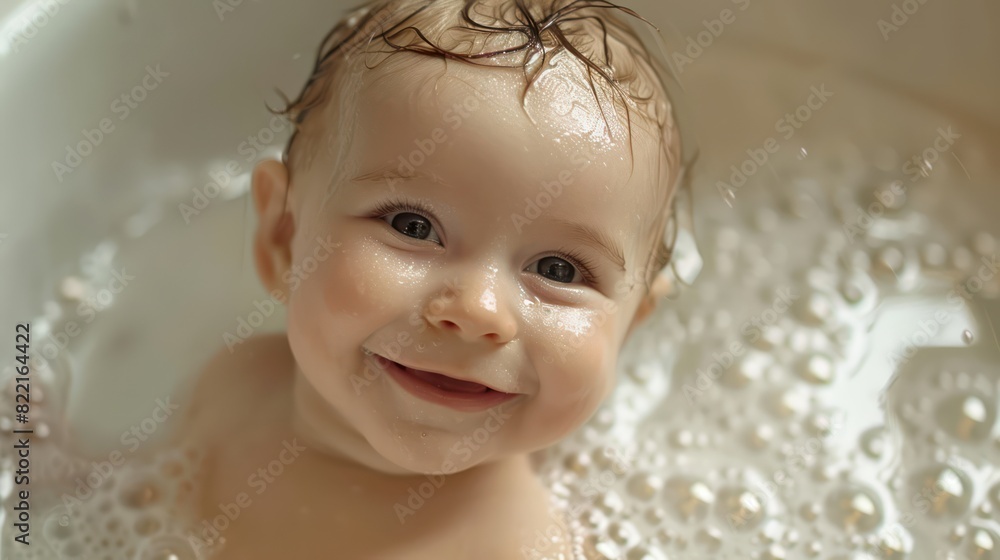 Cute baby smiling, enjoying a bubbly bath generated by Cute baby smiling, enjoying a bubbly bath generated by