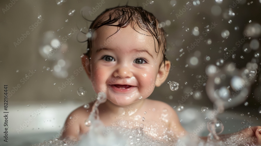 Cute baby smiling, enjoying a bubbly bath generated by Cute baby smiling, enjoying a bubbly bath generated by