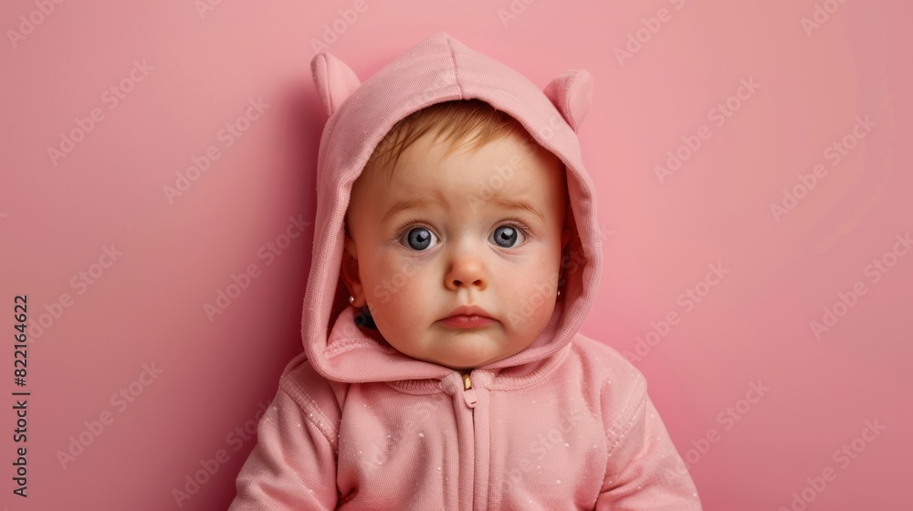Adorable little child wearing a pink hoodie is looking at the camera while sitting on a pink background. Adorable little child wearing a pink hoodie is looking at the camera while sitting on a pink background.