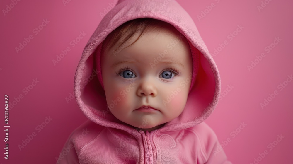 Adorable little child wearing a pink hoodie is looking at the camera while sitting on a pink background. Adorable little child wearing a pink hoodie is looking at the camera while sitting on a pink background.