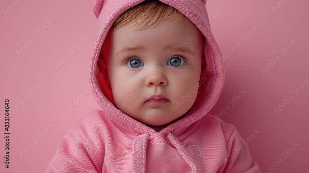 Adorable little child wearing a pink hoodie is looking at the camera while sitting on a pink background. Adorable little child wearing a pink hoodie is looking at the camera while sitting on a pink background.