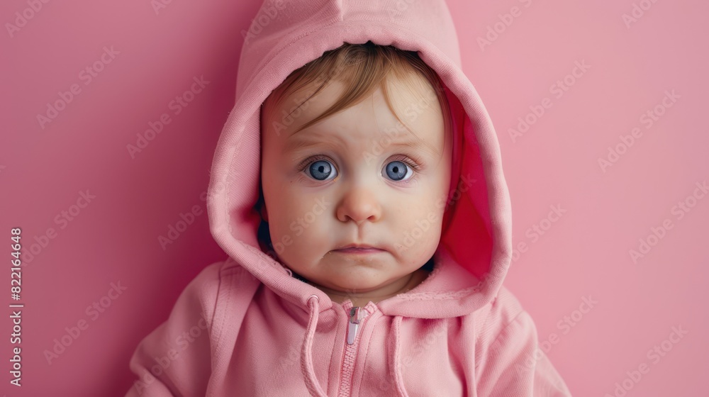 Adorable little child wearing a pink hoodie is looking at the camera while sitting on a pink background. Adorable little child wearing a pink hoodie is looking at the camera while sitting on a pink background.