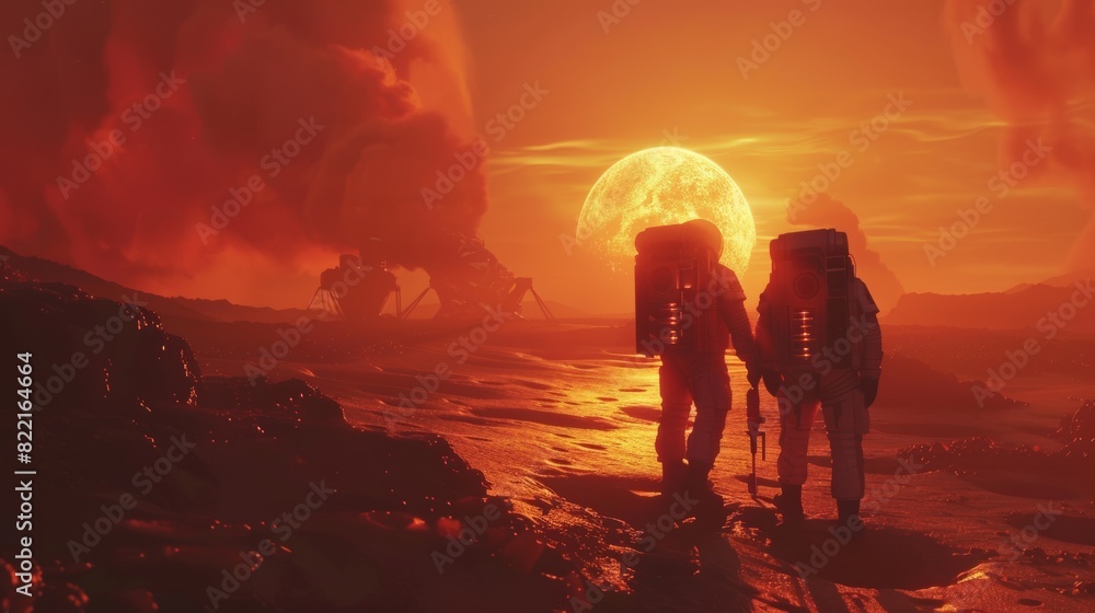 Silhouettes of two astronauts exploring Red Rocky Alien Planet during fire storm. A sunset with the base and research station can be seen in the background.