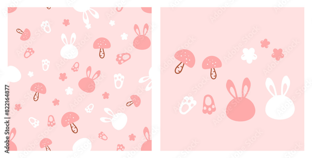 Seamless pattern with bunny cartoons, mushrooms, foot prints and cute flower on pink background vector. Pink mushrooms, flower, footprints and rabbit cartoon icon sign. Seamless pattern with bunny cartoons, mushrooms, foot prints and cute flower on pink background vector. Pink mushrooms, flower, footprints and rabbit cartoon icon sign.
