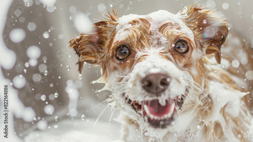 Detail shot of a happy pet dog getting a bath, surrounded by playful splashes and suds, showcasing the fun and bonding experience of bath time.