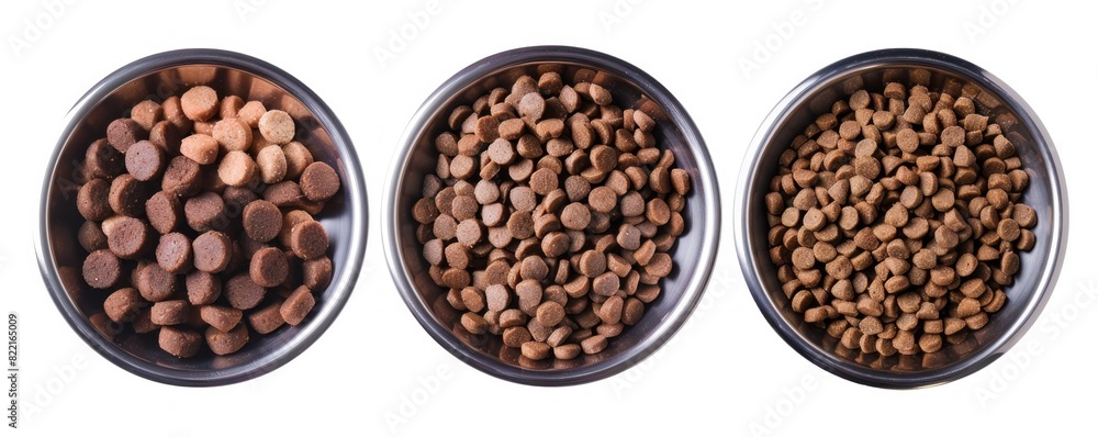 A set of three metal bowls filled with different types of dry pet food, showcasing variety and nutrition for your furry friend A set of three metal bowls filled with different types of dry pet food, showcasing variety and nutrition for your furry friend