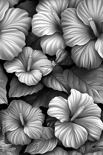 A black and white photo of a flower garden with a few flowers in the foreground