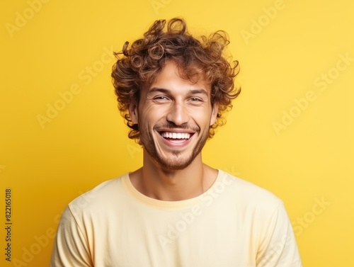 Yellow background Happy european white man realistic person portrait of young beautiful Smiling man good mood Isolated on Background Banner with copyspace