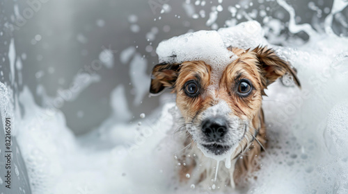 Detail shot of a happy pet dog getting a bath, surrounded by playful splashes and suds, showcasing the fun and bonding experience of bath time. © NooPaew
