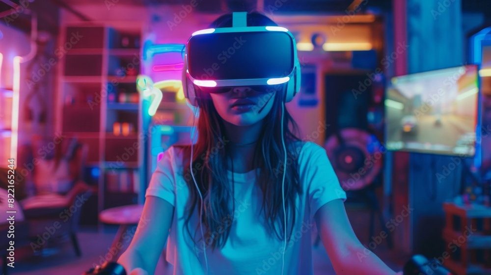 Stunning Young Girl Wearing Virtual Reality Headset Using Joysticks / Controllers. Creative Young Girl Does Concept Art with Augmented Reality. Playing Online Video Game. Neon Retro Lights Surround. Stunning Young Girl Wearing Virtual Reality Headset Using Joysticks / Controllers. Creative Young Girl Does Concept Art with Augmented Reality. Playing Online Video Game. Neon Retro Lights Surround.