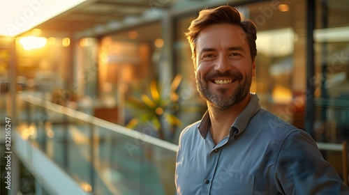 A handsome man in his late thirties smiling, wearing business casual with brown hair and beard standing on the balcony of an office building during golden hour. 