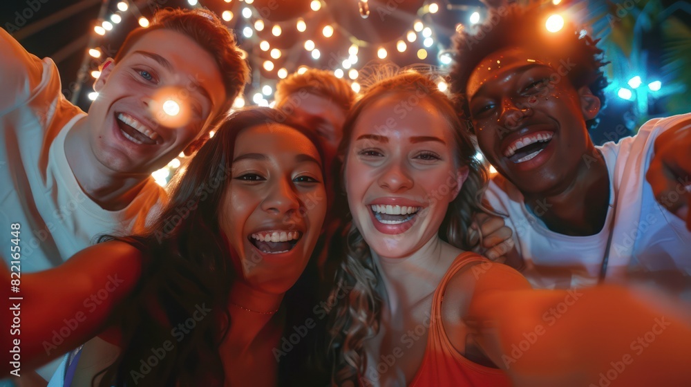 Group of smiling friends taking group selfies