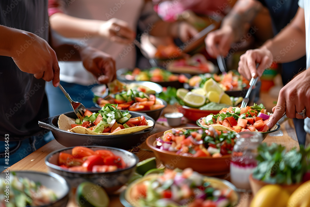 a group of friends assembling build-your-own tacos with fresh ingredients at a DIY taco bar party a group of friends assembling build-your-own tacos with fresh ingredients at a DIY taco bar party