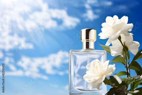 Close-up of a luxury perfume bottle surrounded by a cluster of white Casablanca lilies.