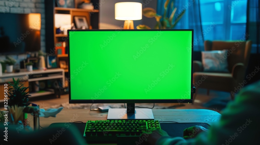 An experienced freelancer is working on their personal computer at home on a green mockup screen. Close-up POV shot. In the background is a cozy living room. An experienced freelancer is working on their personal computer at home on a green mockup screen. Close-up POV shot. In the background is a cozy living room.