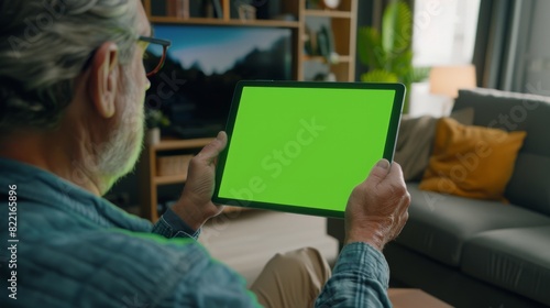 The man sits at the desk watching a green mock-up screen digital tablet computer while watching videos or browsing the internet. The background is a cozy living room with soft lighting.