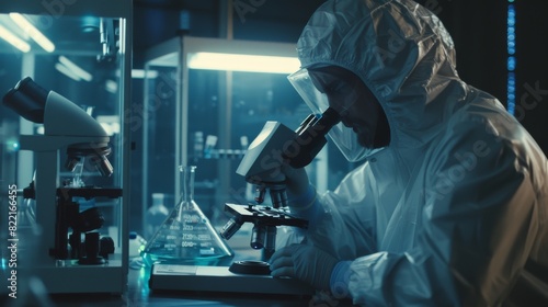 The modern factory produces semiconducting items and pharmaceutical products. Scientists are wearing protective garments and using microscopes to carry out research. A personal computer is used to photo