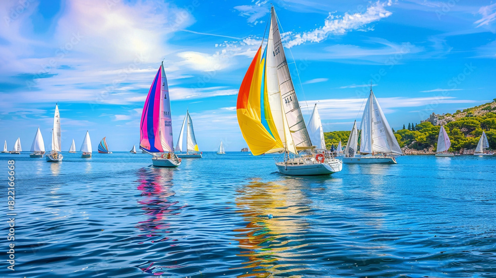 a peaceful bay dotted with sailboats, their colorful sails billowing in the breeze