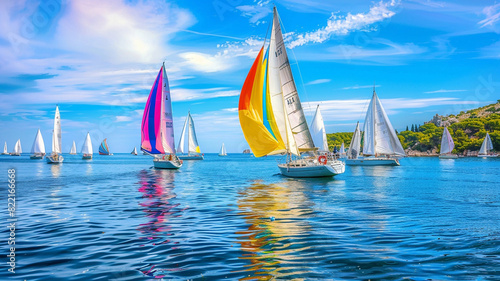 Fototapeta Naklejka Na Ścianę i Meble -  a peaceful bay dotted with sailboats, their colorful sails billowing in the breeze