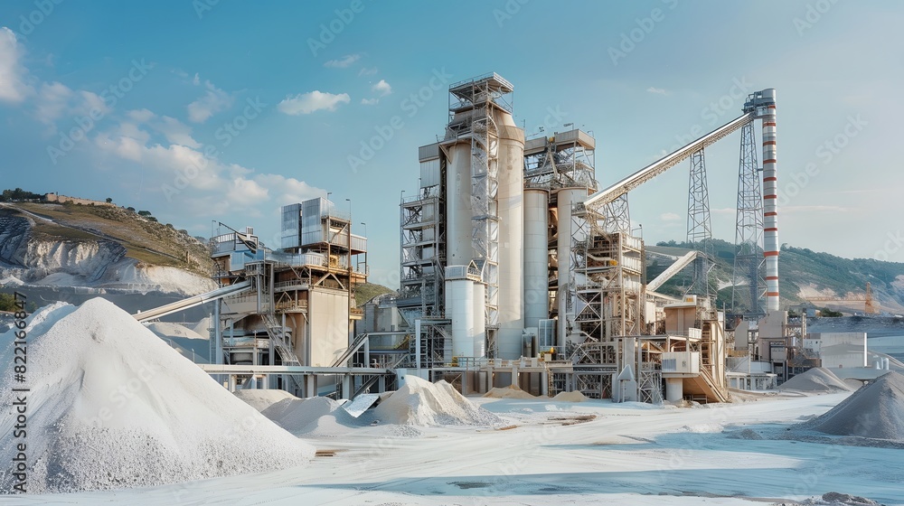 Obraz premium A large cement factory with an outdoor scene of the production line and various equipment, surrounded by white sand piles in front of it. 