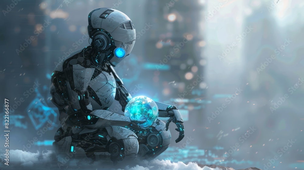 Futuristic robot holding a glowing orb against a starry night sky