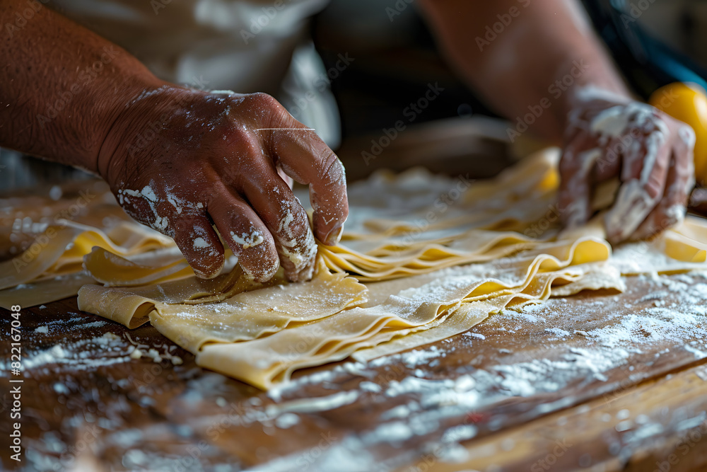 a person's hands rolling out homemade pasta dough into thin sheets for a classic Italian pasta dish a person's hands rolling out homemade pasta dough into thin sheets for a classic Italian pasta dish