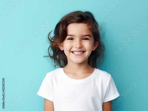 Aqua background Happy european white child realistic person portrait of young beautiful Smiling child Isolated on Background Banner with copyspace