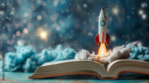 Open book with a pencil rocket in midlaunch, representing the explosion of ideas and educational achievement