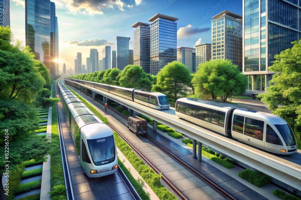 A futuristic public transit system featuring electric buses, hyperloop trains, and bike-sharing stations, with data on reduced carbon emissions displayed A futuristic public transit system featuring electric buses, hyperloop trains, and bike-sharing stations, with data on reduced carbon emissions displayed