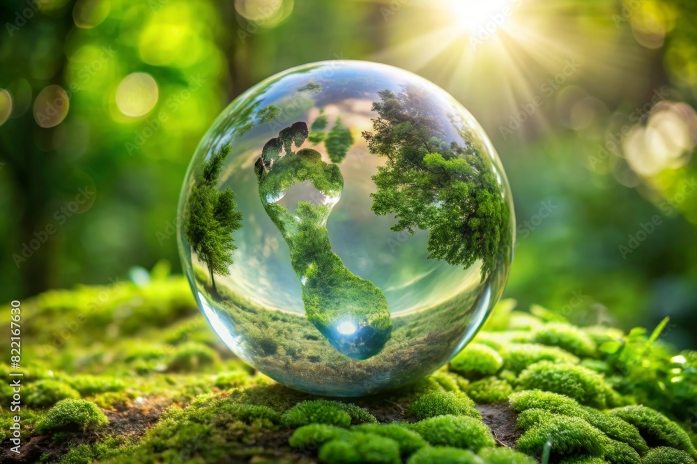 carbon footprint. A human footprint in the middle of a lush crystal globe. Concepts of sustainable development and green business from renewable- carbon footprint. A human footprint in the middle of a lush crystal globe. Concepts of sustainable development and green business from renewable-