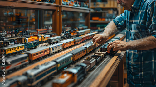 Photo realistic concept of a man meticulously arranging his collection of model trains, showcasing the detail and dedication in this intricate hobby photo