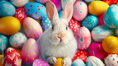 White bunny sits amid colorful Easter eggs, white bunny sits in sea of colorful Easter eggs.