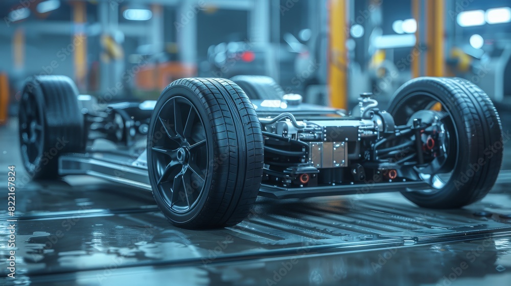 An Authentic Electric Car Platform Chassis is captured in a shot. The electric car platform chassis includes wheels, an engine and brakes. In a state-of-the-art automotive design facility, the focus An Authentic Electric Car Platform Chassis is captured in a shot. The electric car platform chassis includes wheels, an engine and brakes. In a state-of-the-art automotive design facility, the focus