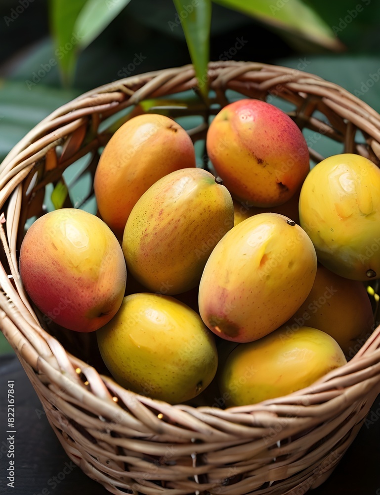 a basket of mangoes with a green plant in the background. a basket of mangoes with a green plant in the background.