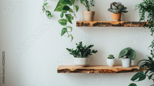 Interior design details. Brown wooden raw edge floating shelves hanging on white wall. Green potted house plants standing on shelfs.