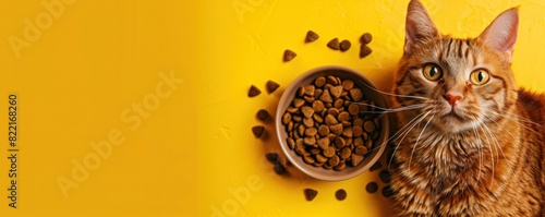 Adorable cat with bowls of colorful kibble and treats, posing on a bright yellow background. Perfect for pet care promotions and feline food brands
