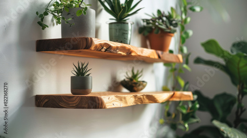 Interior design details. Brown wooden raw edge floating shelves hanging on white wall. Green potted house plants standing on shelfs.