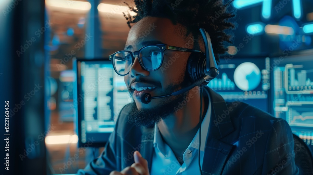 Obraz premium His employer is a large technological company. The office has a multi-ethnic team of specialists, and displays show useful information about the company.